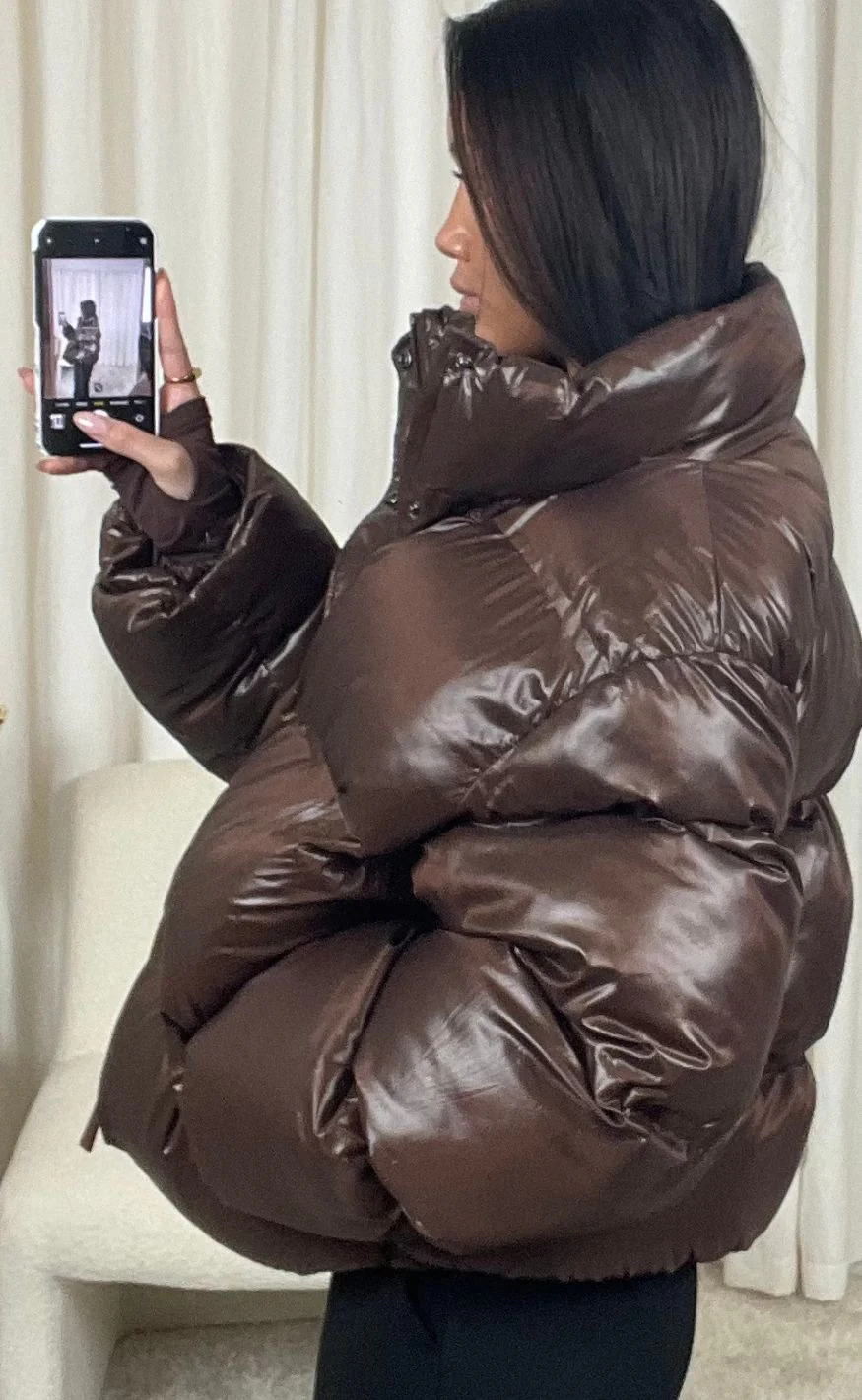 Neo Noir Jakke - Rhea Shiny Puffer - Dark Brown - Image 7