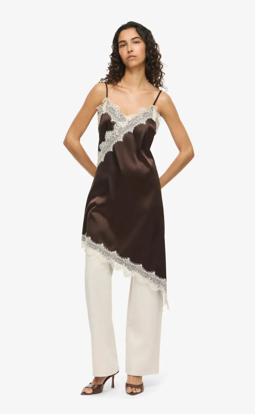 Noisy May Kjole - Sofie Satin - Chocolate Brown/Birch Lace - Image 4