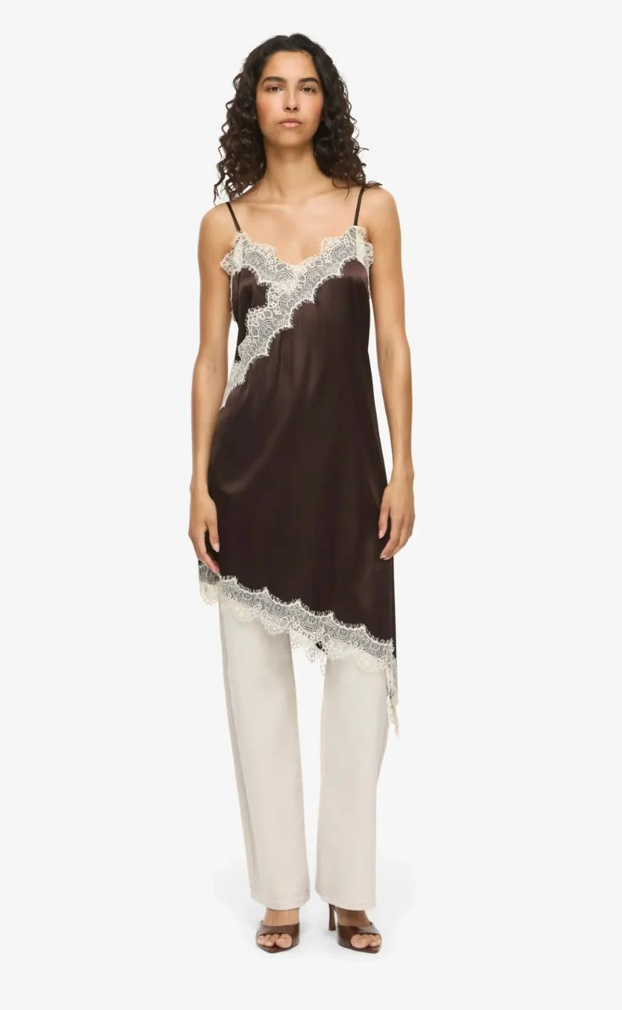Noisy May Kjole - Sofie Satin - Chocolate Brown/Birch Lace - Image 6