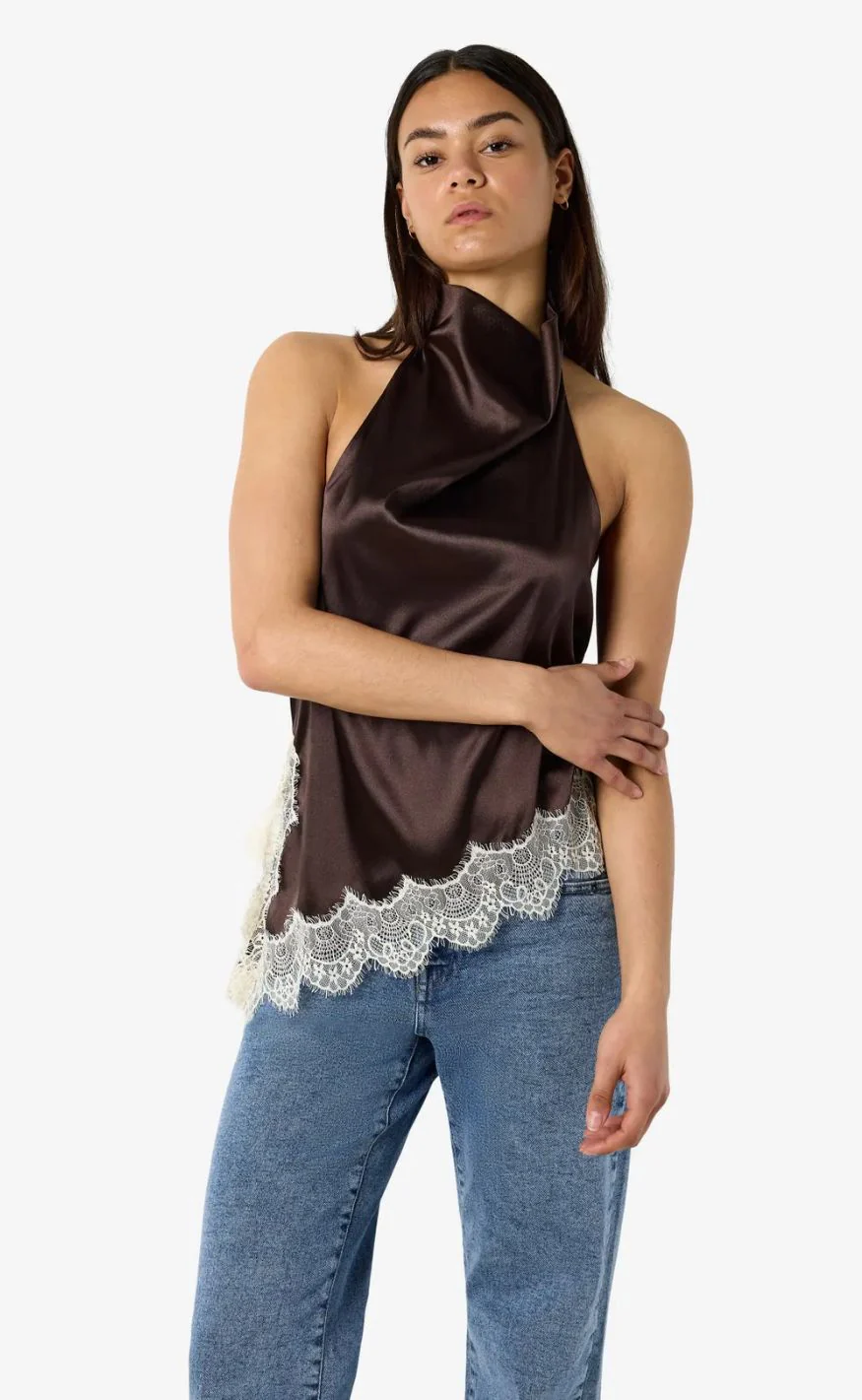 Noisy May Top - Sofie Satin - Chocolate Brown/Birch Lace - Image 8
