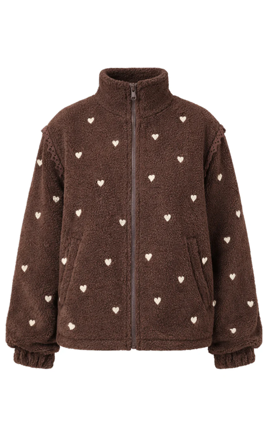 Say INA Copenhagen Fleece Jakke - Fia - Dark Brown W. Beige Embroidery Hearts - Image 2