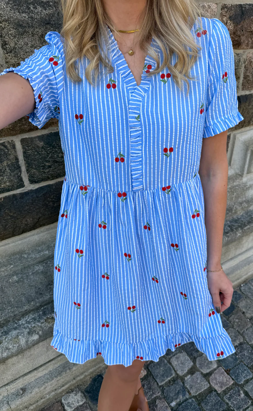 Say INA Copenhagen Kjole - Catja Summer - Blue Striped W. Cherries - Image 2