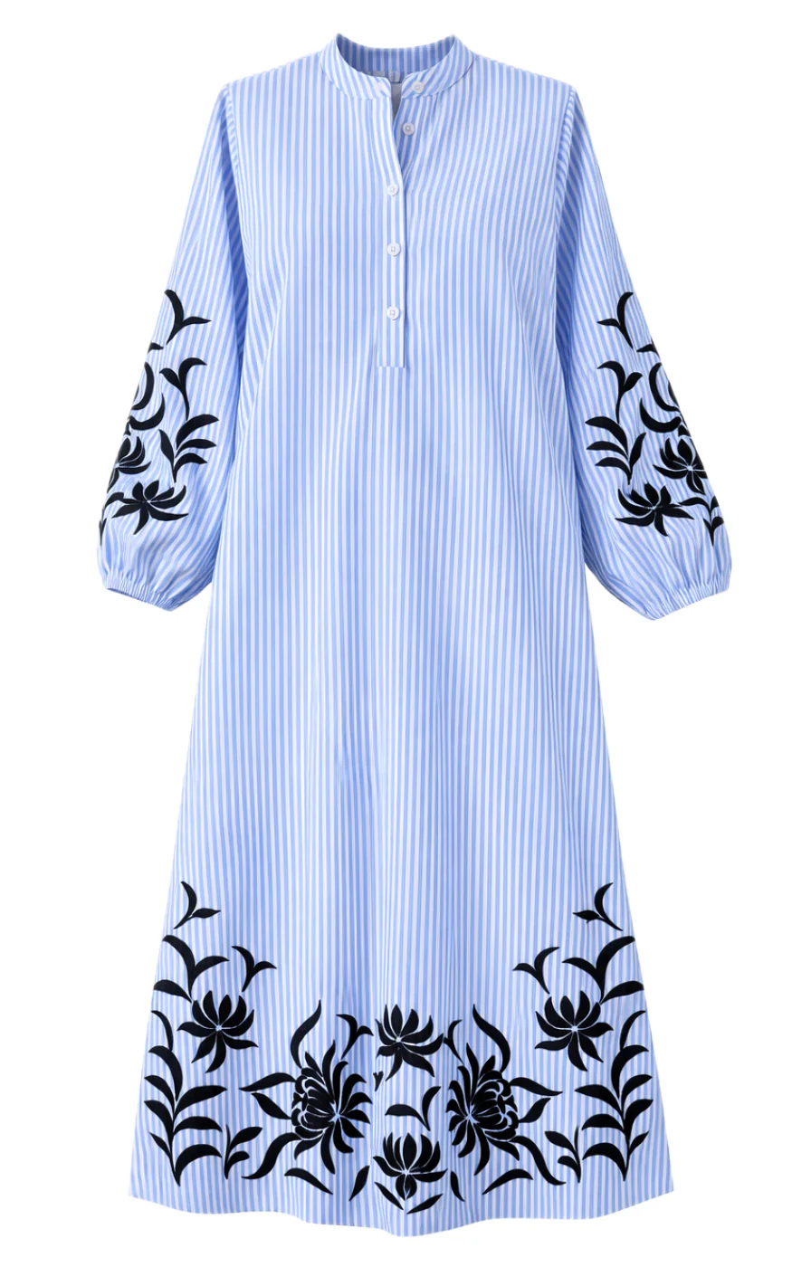 Say INA Copenhagen Kjole - Tilde Long - Blue Striped W. Embroidery - Image 3