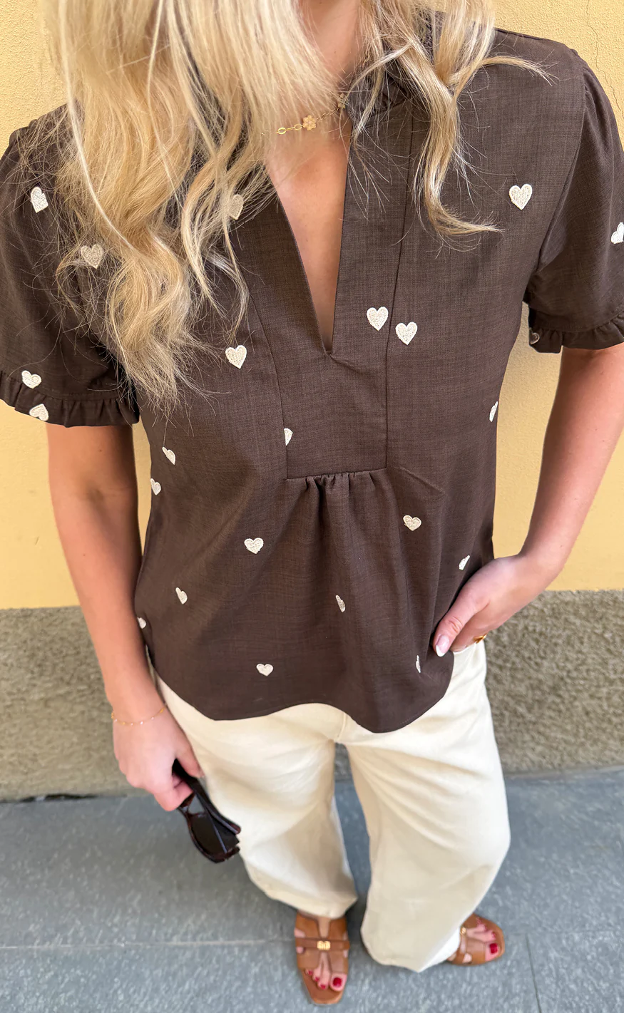 Say INA Copenhagen Top - Winnie New - Dark Brown W. Off White Embroidery Hearts - Image 2
