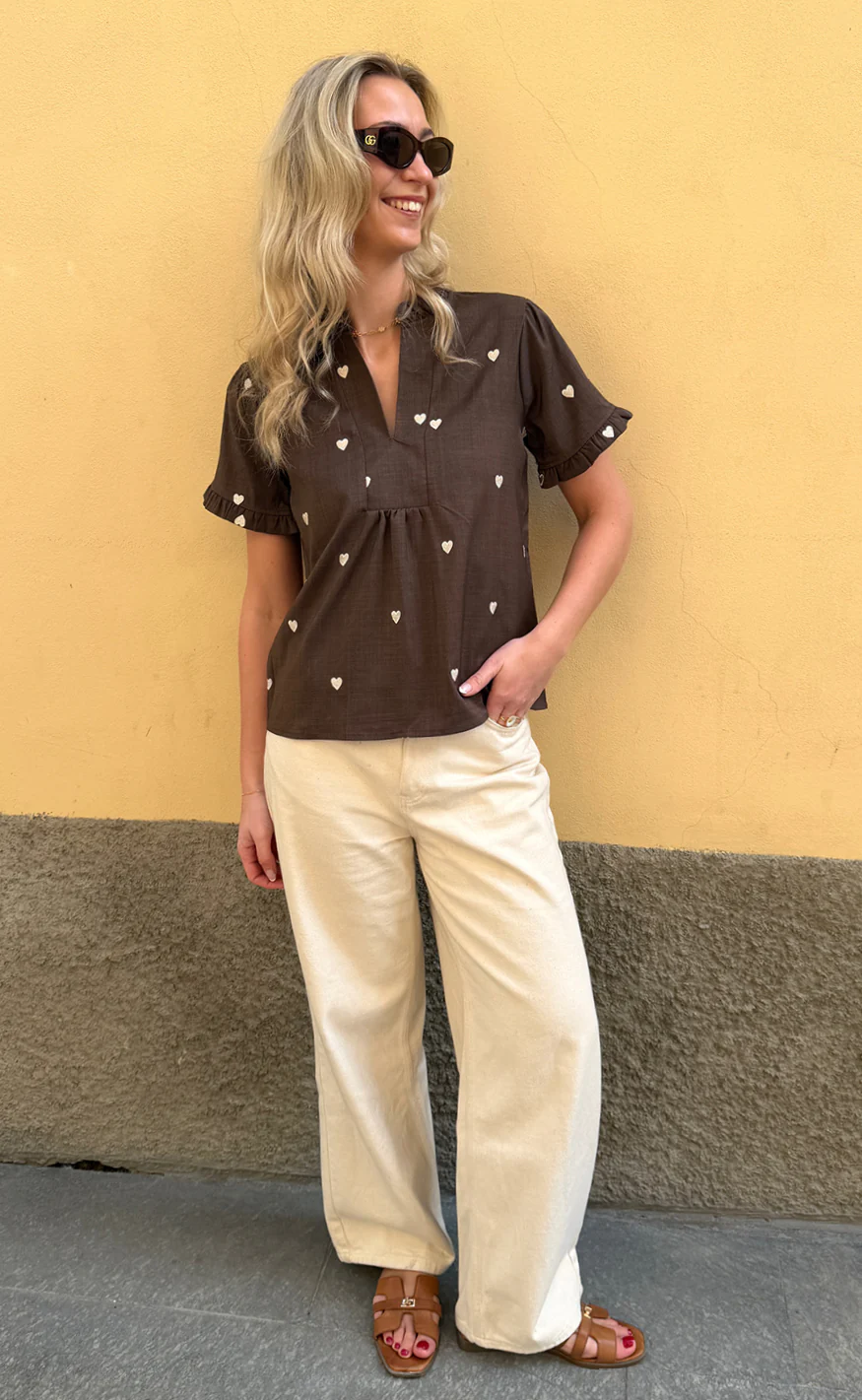 Say INA Copenhagen Top - Winnie New - Dark Brown W. Off White Embroidery Hearts - Image 3