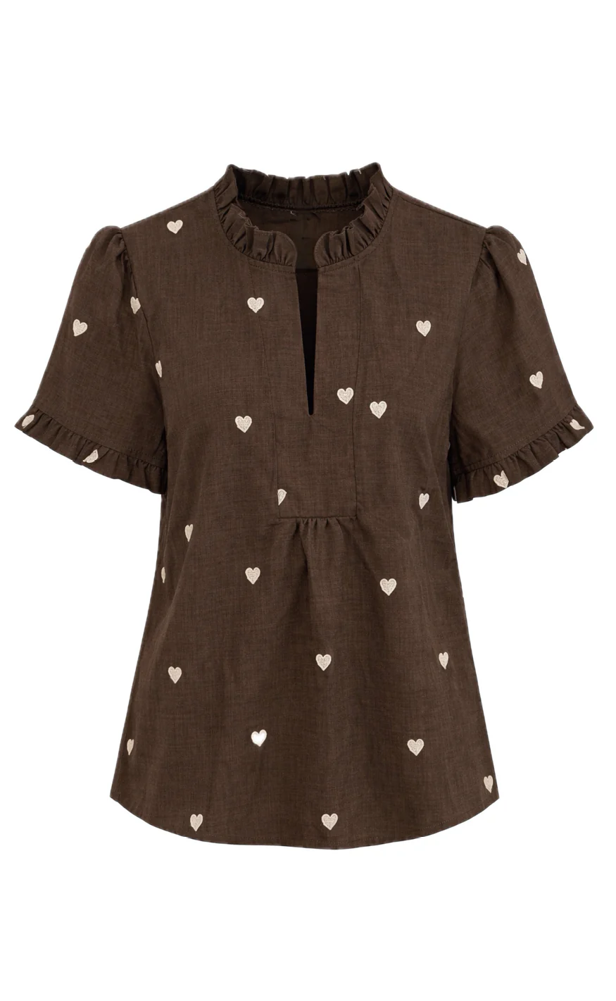 Say INA Copenhagen Top - Winnie New - Dark Brown W. Off White Embroidery Hearts - Image 4
