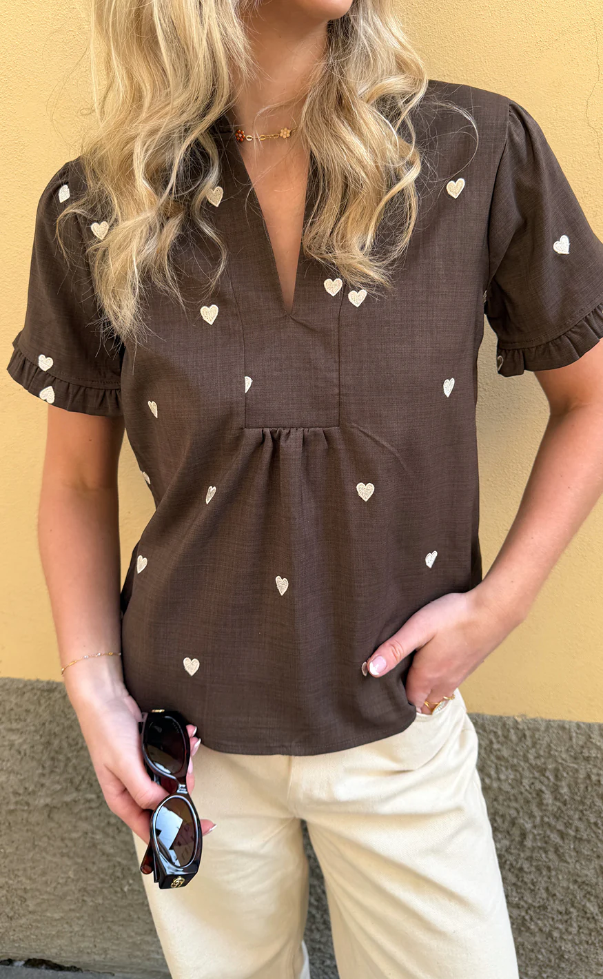 Say INA Copenhagen Top - Winnie New - Dark Brown W. Off White Embroidery Hearts - Image 5
