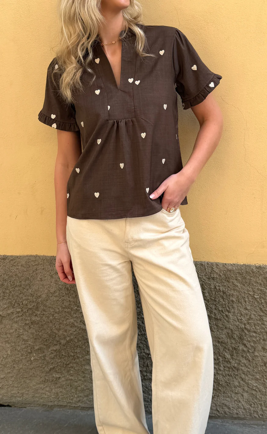 Say INA Copenhagen Top - Winnie New - Dark Brown W. Off White Embroidery Hearts - Image 6